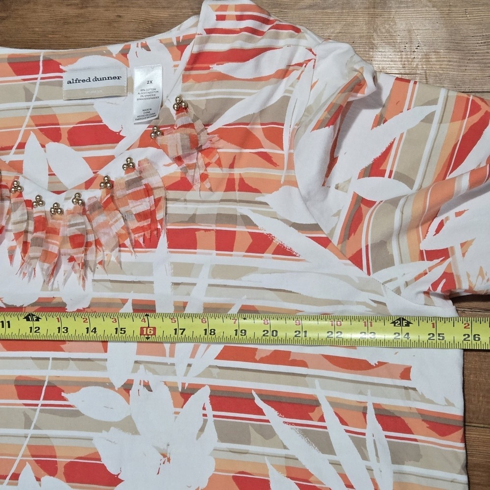 Alfred Dunner Woman Shirt Stretch Orange Stripe Floral Stud Fringe Collar Sz 2x - Picture 10 of 12